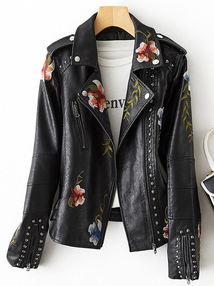 Leather Retro Floral Printed Jacket